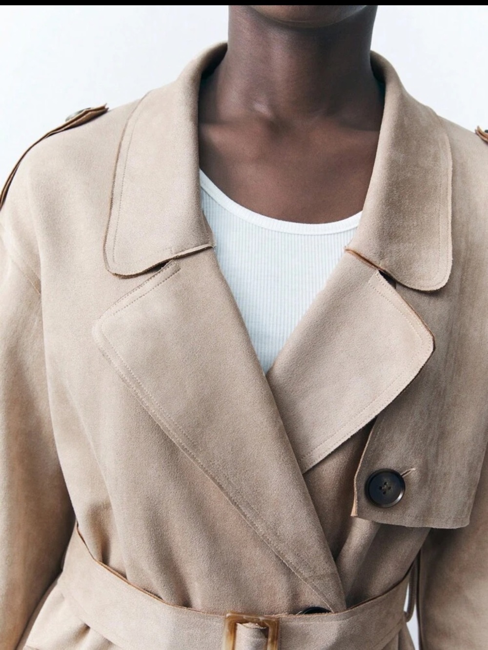Faux suede Beige cream light tan Trench Coat - Picture 5 of 7
